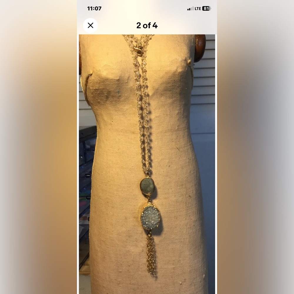 Druzy on moonstone beaded chain pendant.